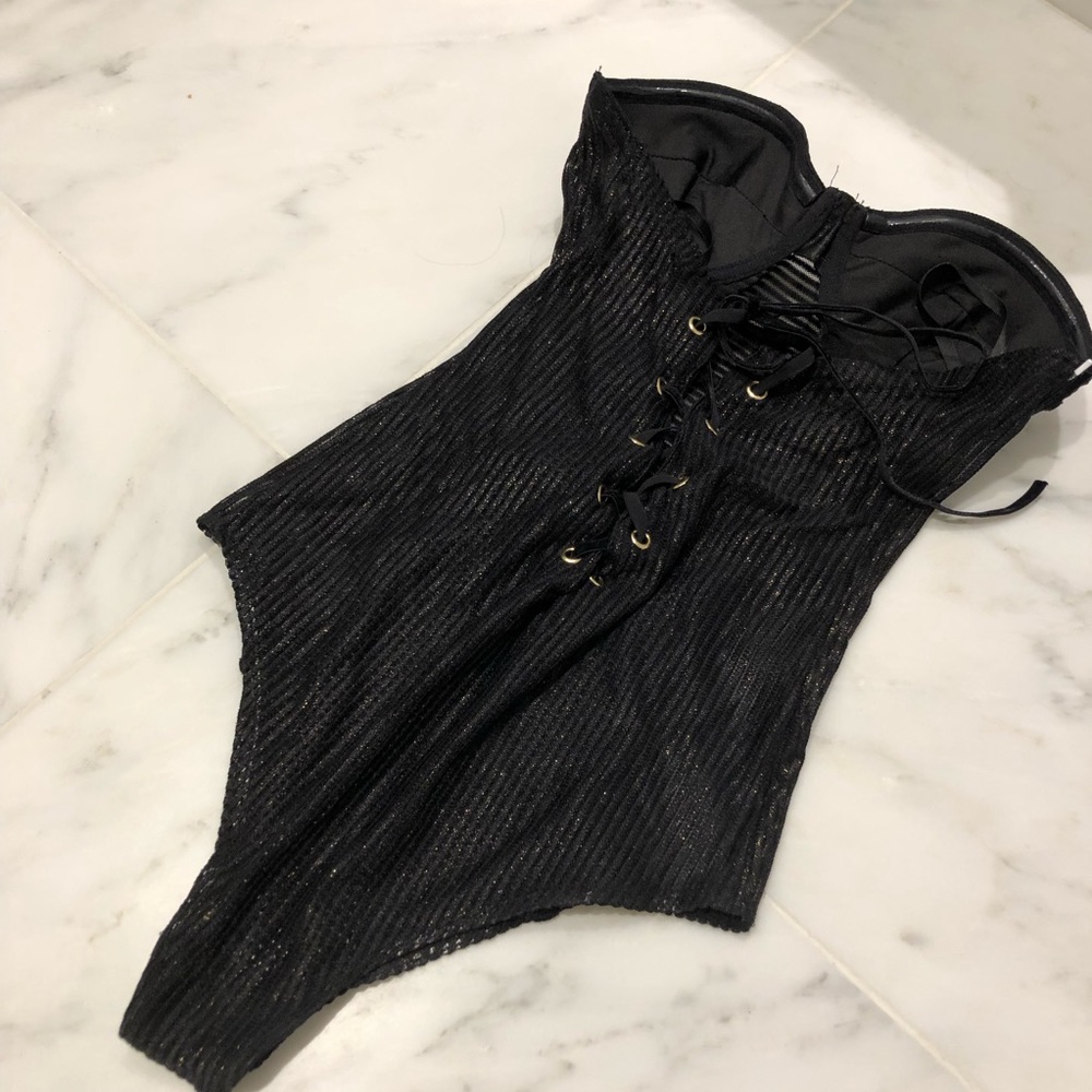 Black Corset Lace Up Strapless Padded Bodysuit